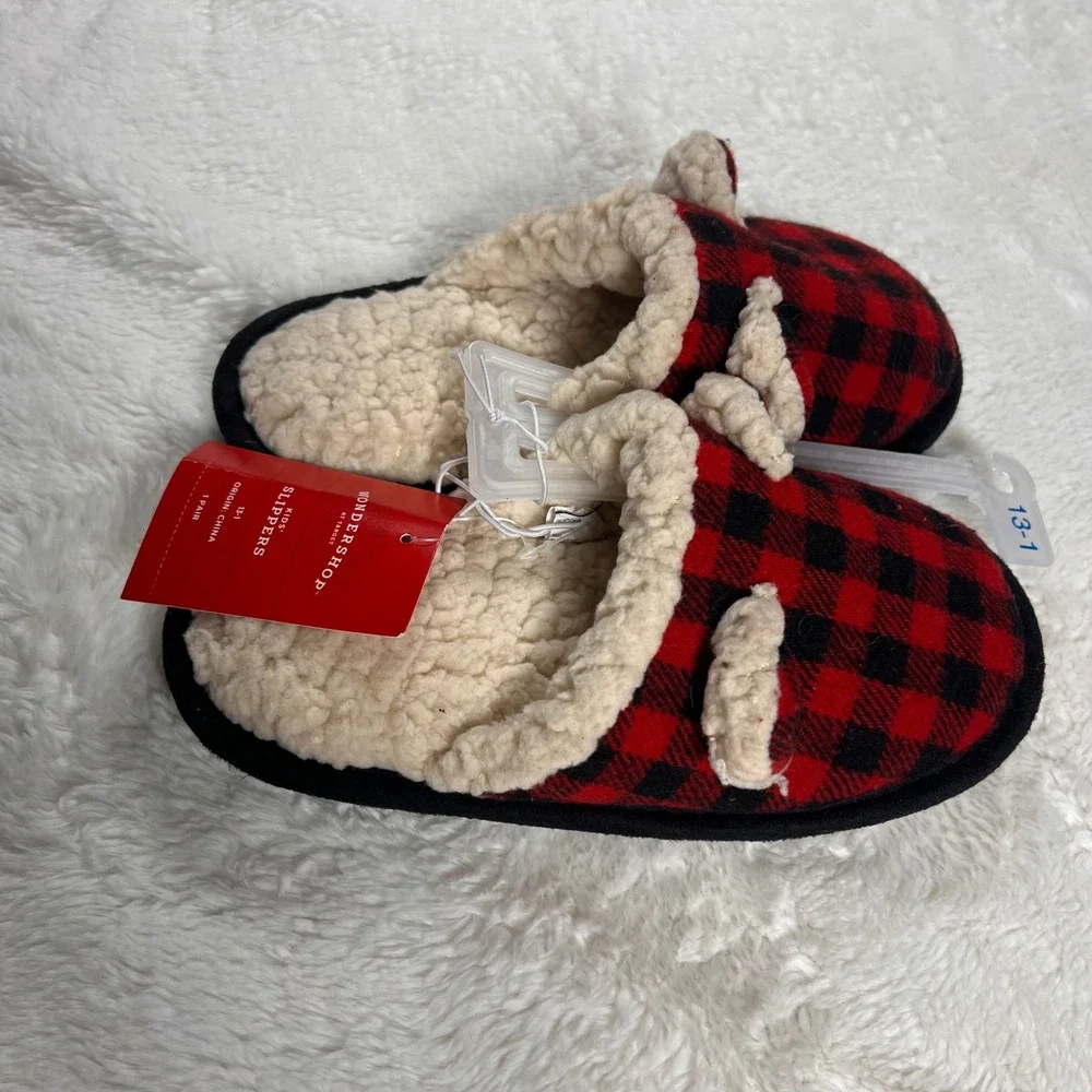 WonderShop Kids Slippers Red Black Buffalo Plaid Sherpa Lined Cozy Size 13-1 NWT